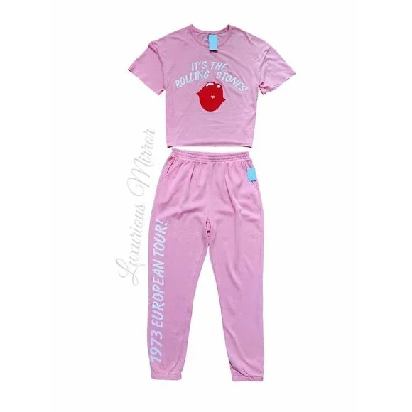 The Rolling Stones Women Kiss Top 1973 European Tour Logo Pant Pink 2PC Set Sz M - Picture 2 of 6